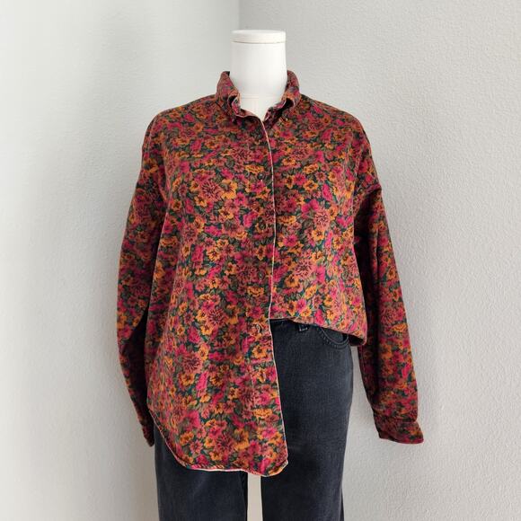 Land's End Tops - Vintage 90s Land's End Red Green Orange Autumn Fall Floral Button Down Shirt L